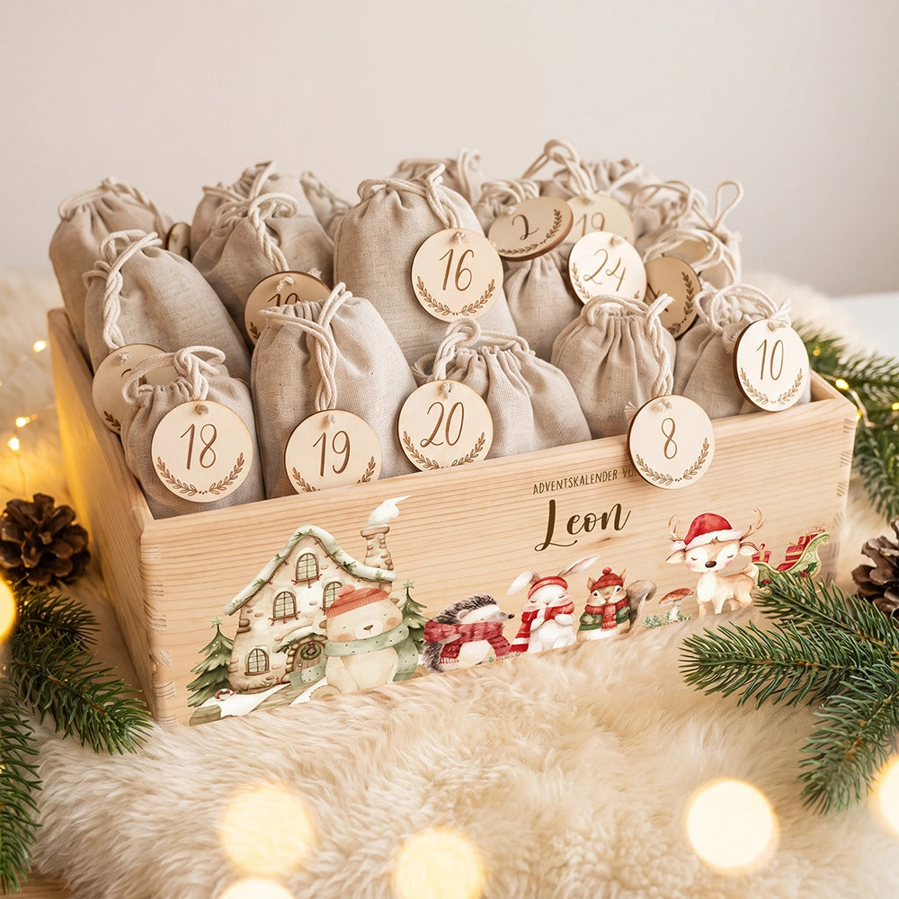 Adventskalender zum Befüllen "Winterdorf mit Tieren" personalisiert