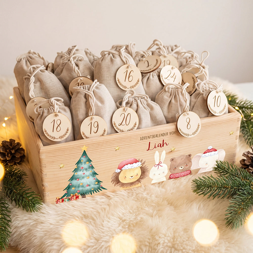 Adventskalender zum Befüllen "Weihnachten mit weihnachtlichem Tiertrio" personalisiert