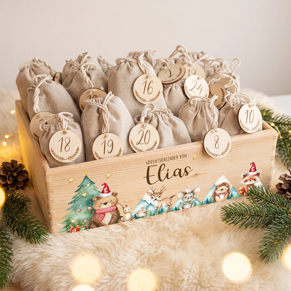 Adventskalender zum Befüllen "Bär und Weihnachtsbaum" personalisiert