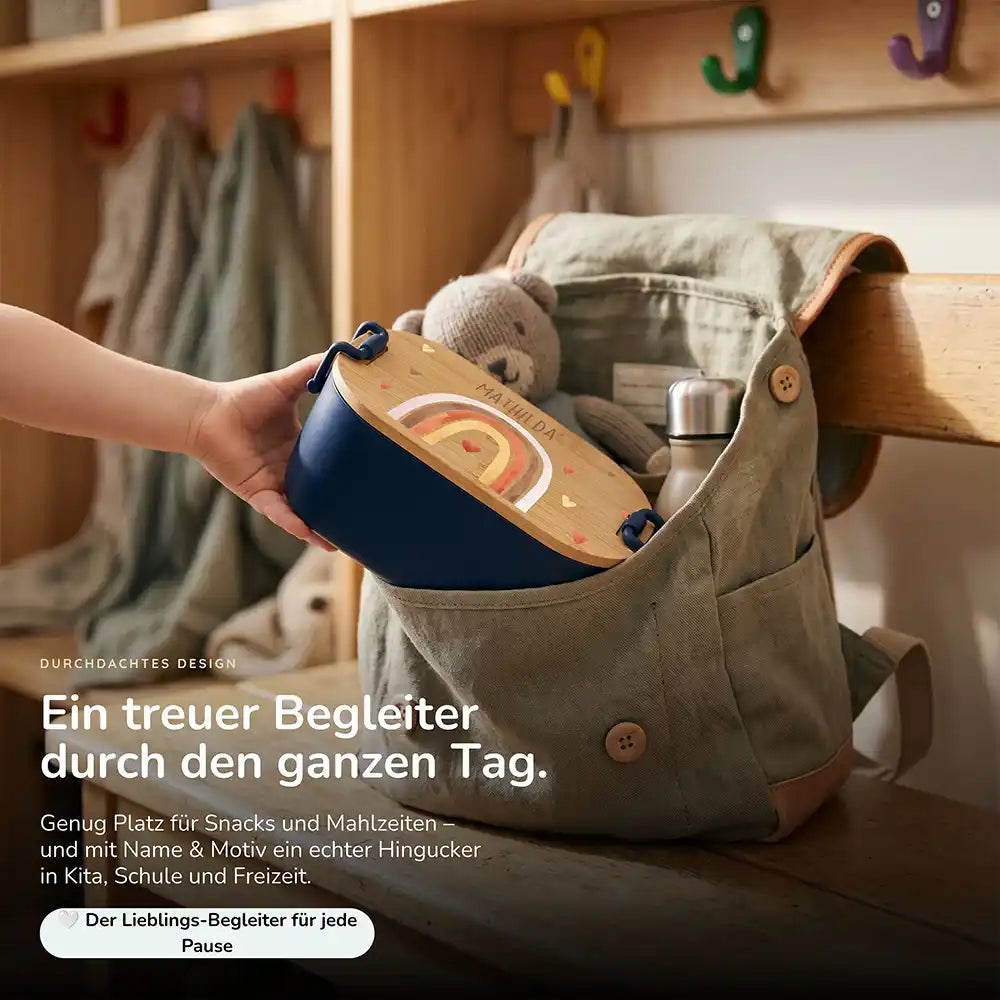 Brotdose Kinder personalisiert Boho Regenbogen, Lunchbox mit Snacks und Obst