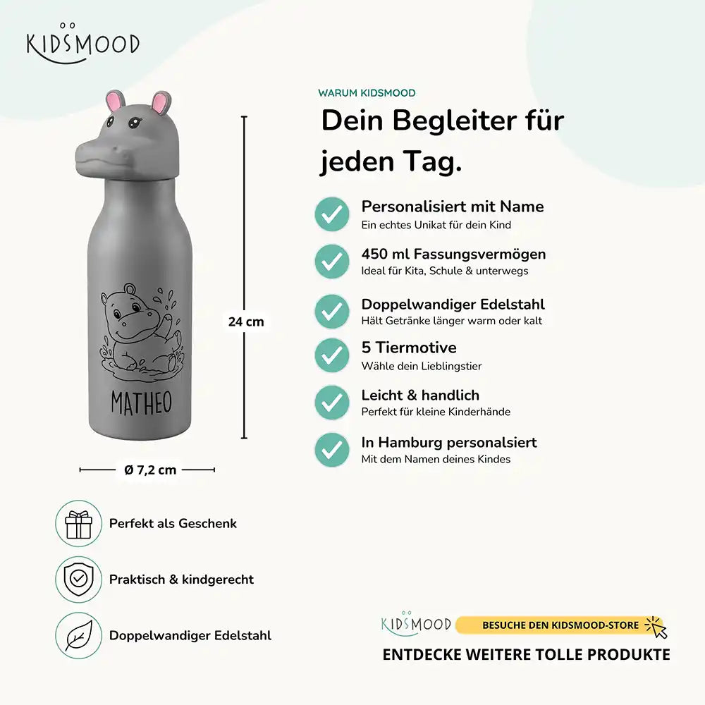 Personalisierte Trinkflasche Kinder Nilpferd – 450 ml