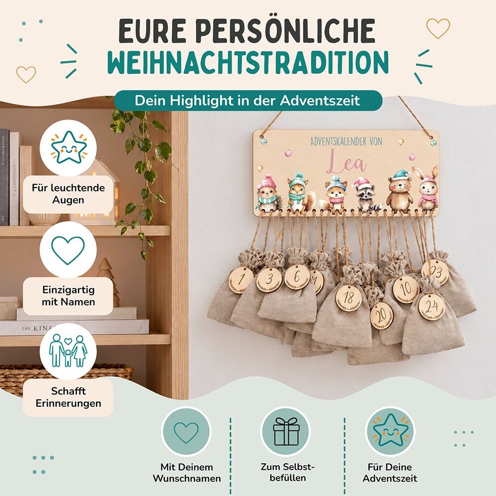Personalisierbarer Adventskalender farbig - Weihnachtliche Tierfamilie