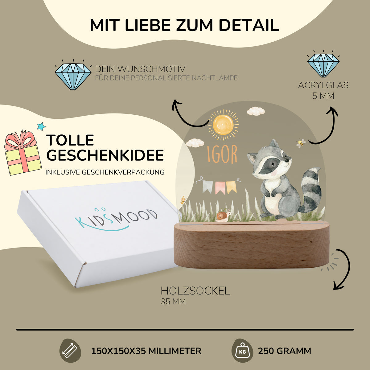 Nachtlicht Kinder personalisiert - Fröhlicher Waschbär