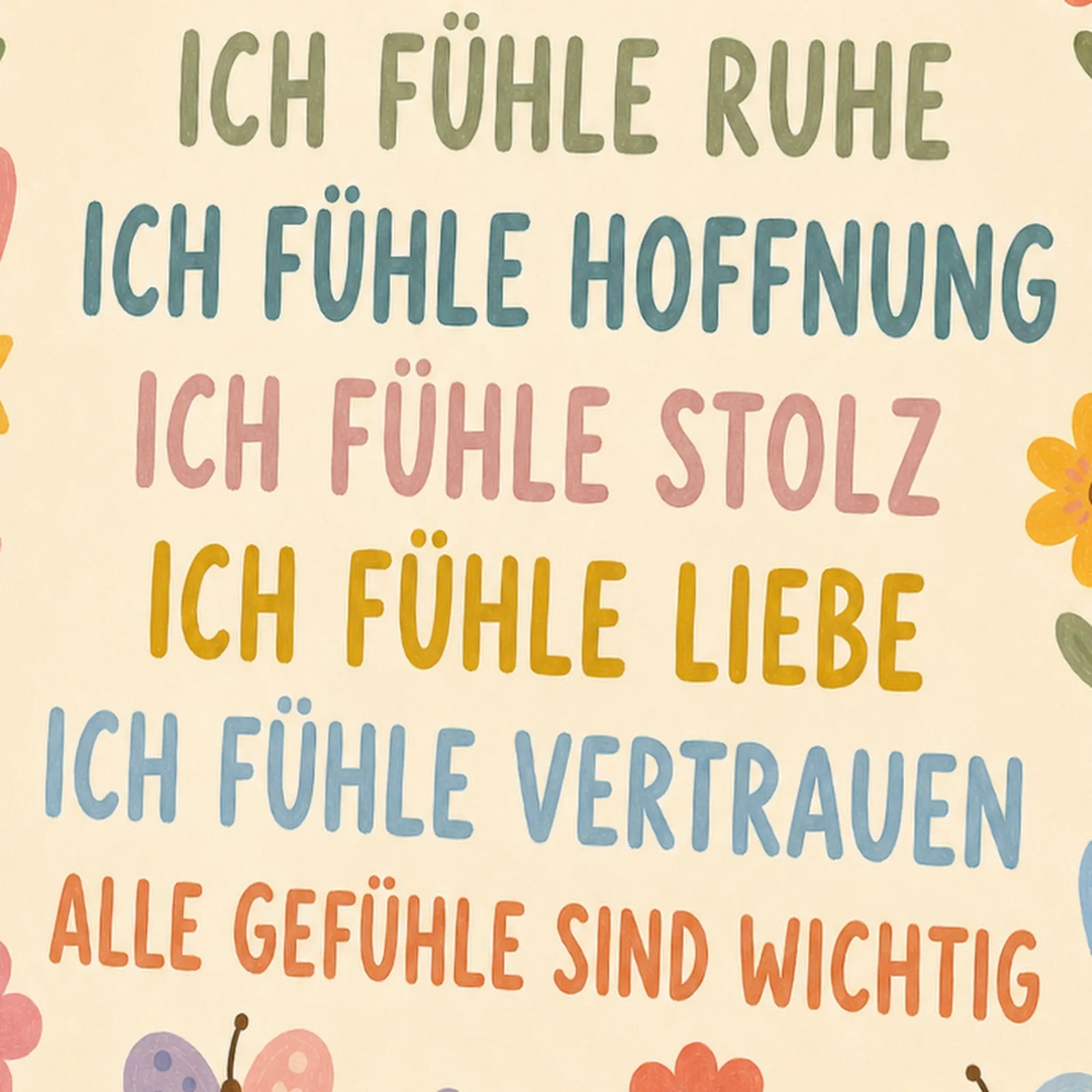 Affirmationsposter Kinderzimmer Blumenwiese Gefühle, als Wandbild im Format 30 x 40 cm