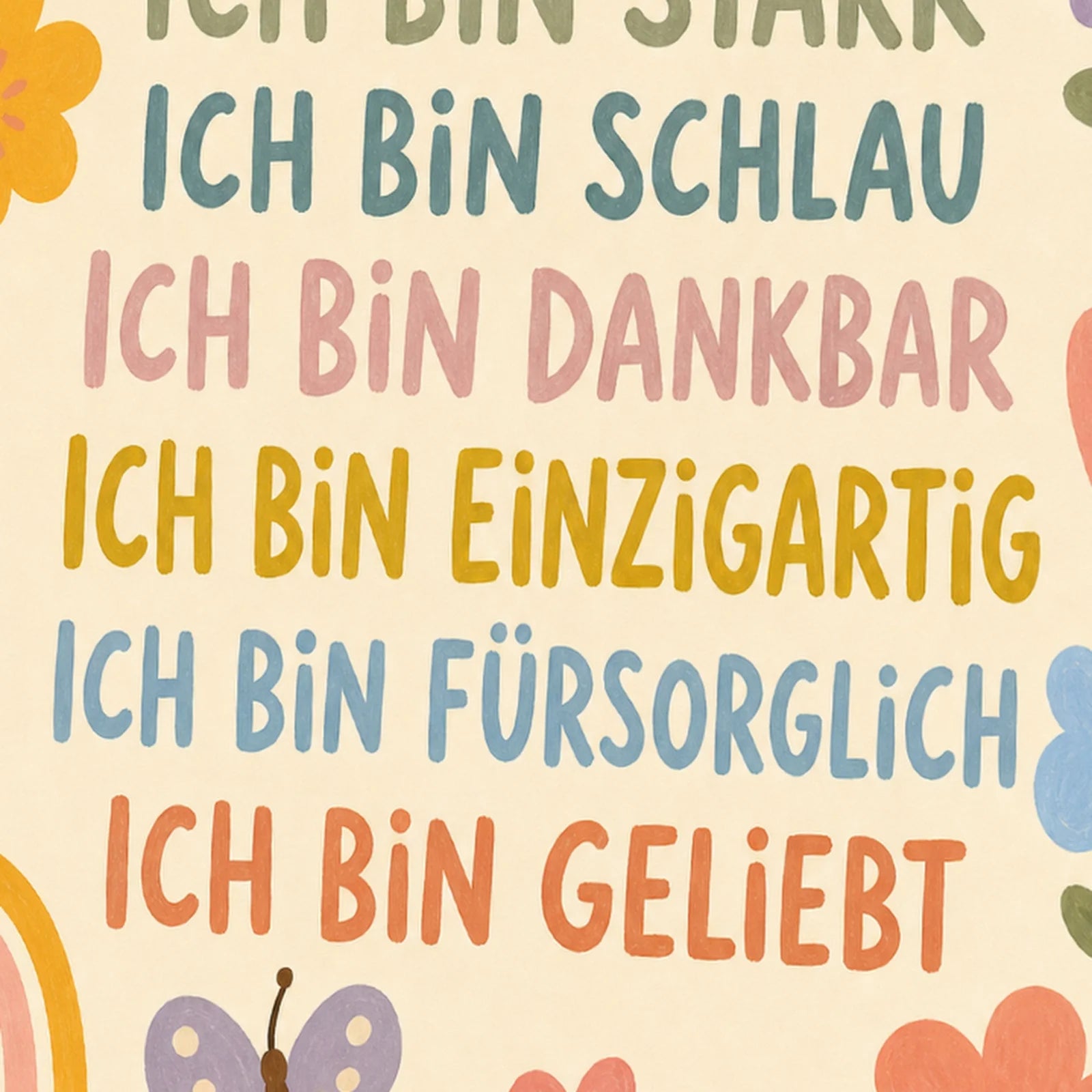 Affirmationsposter Kinderzimmer Blumenwiese Ich bin freundlich, als Wandbild im Format 30 x 40 cm