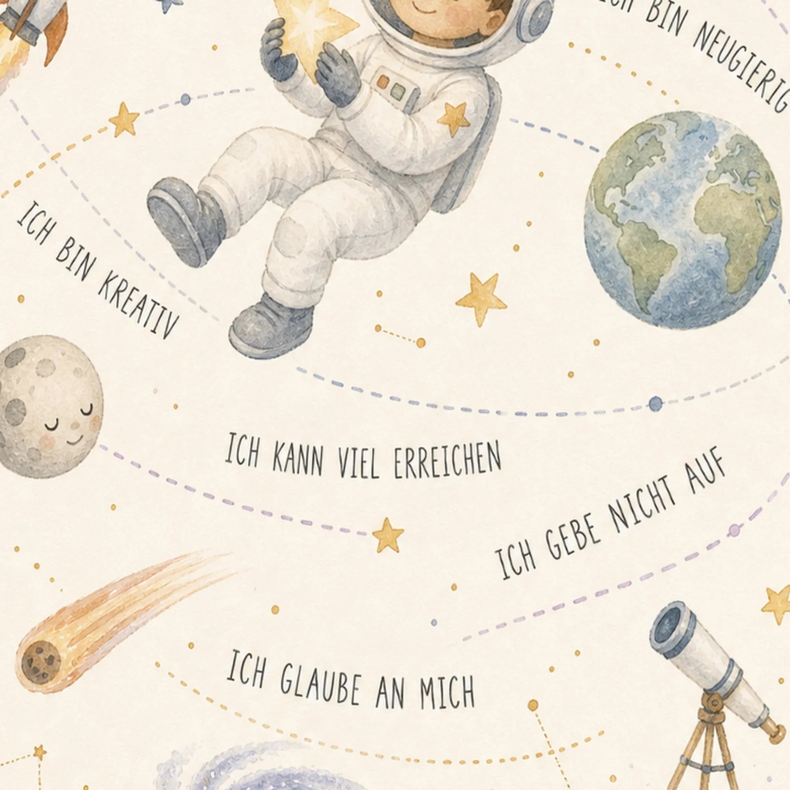 Affirmationsposter Kinderzimmer Universum voller Ideen, als Wandbild im Format 30 x 40 cm