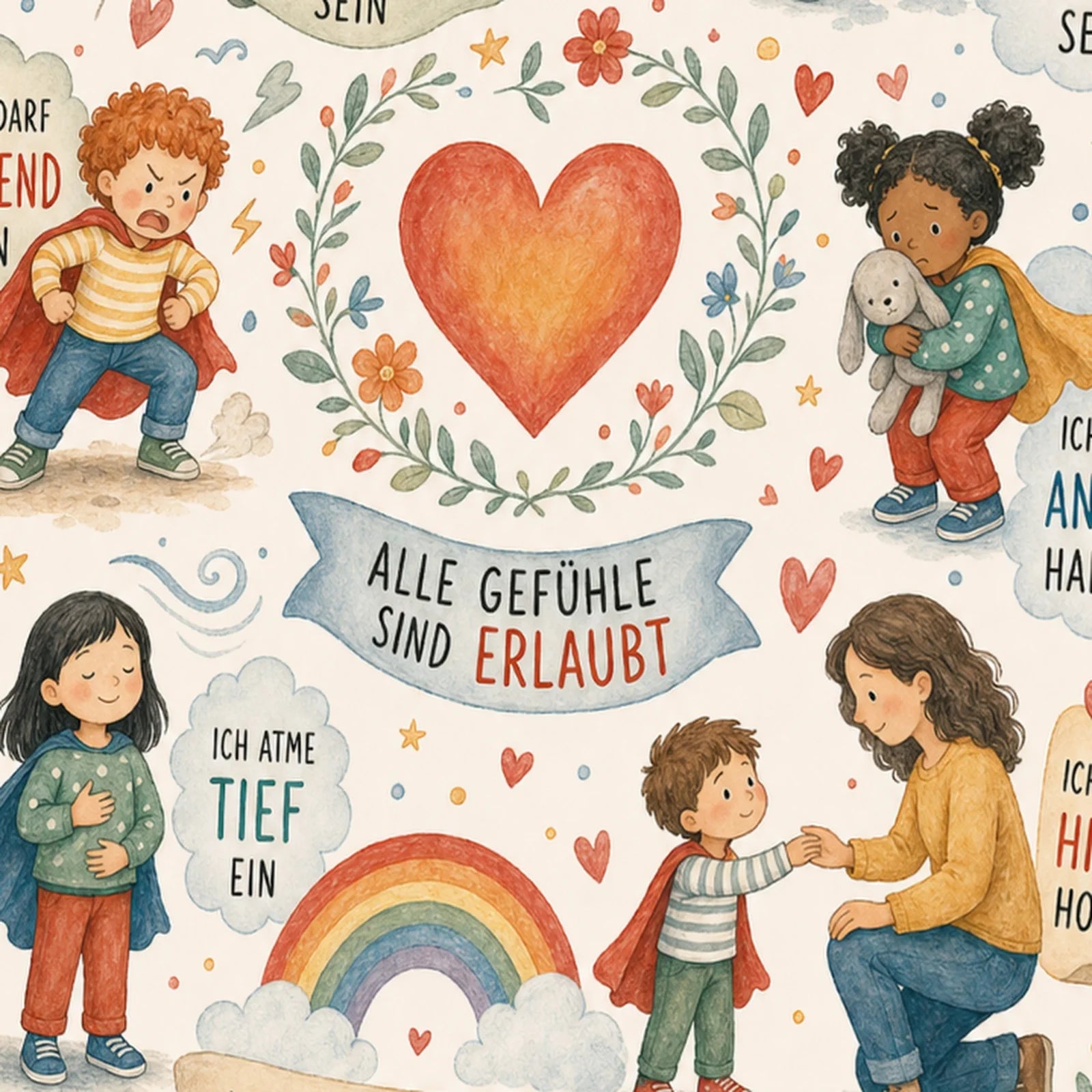 Affirmationsposter Kinderzimmer Wimmelbild Gefühle, als Wandbild im Format 30 x 40 cm