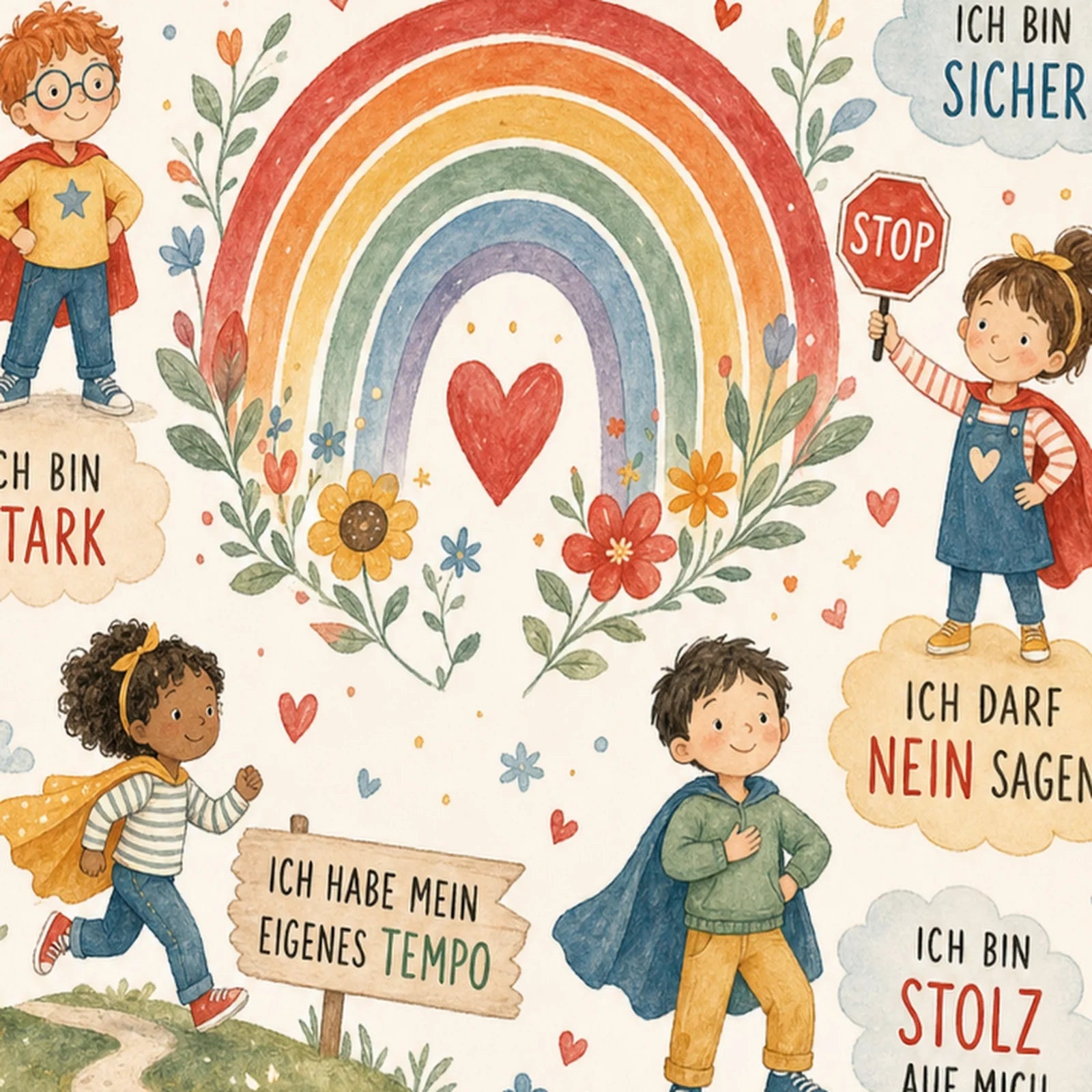 Affirmationsposter Kinderzimmer Wimmelbild Ich bin gut und richtig, als Wandbild im Format 30 x 40 cm
