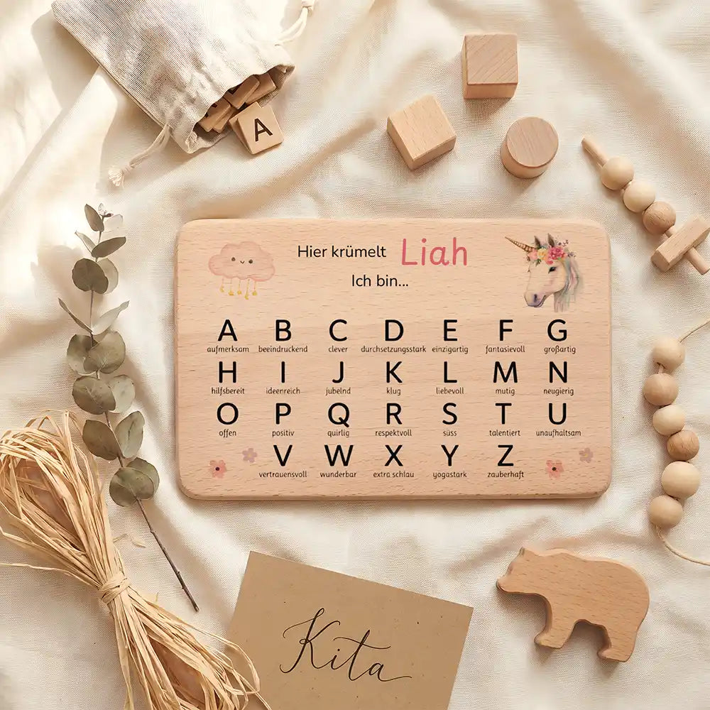 ABC Brettchen Kinder personalisiert Einhorn Wolke – Kita-Lifestyle mit Bärchen