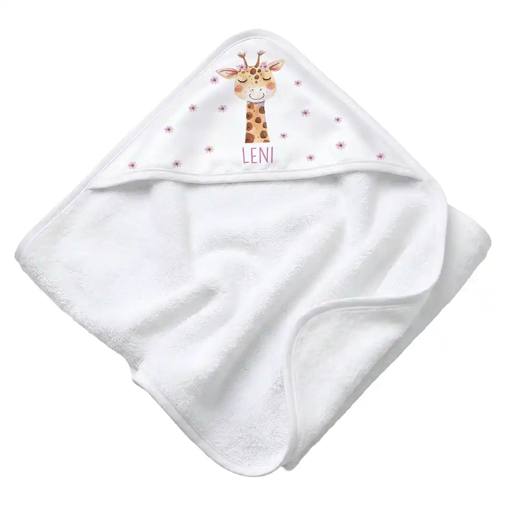 Personalisiertes Kapuzenhandtuch Baby Giraffe BlĂŒten â Rattan-Untergrund Produktdetail