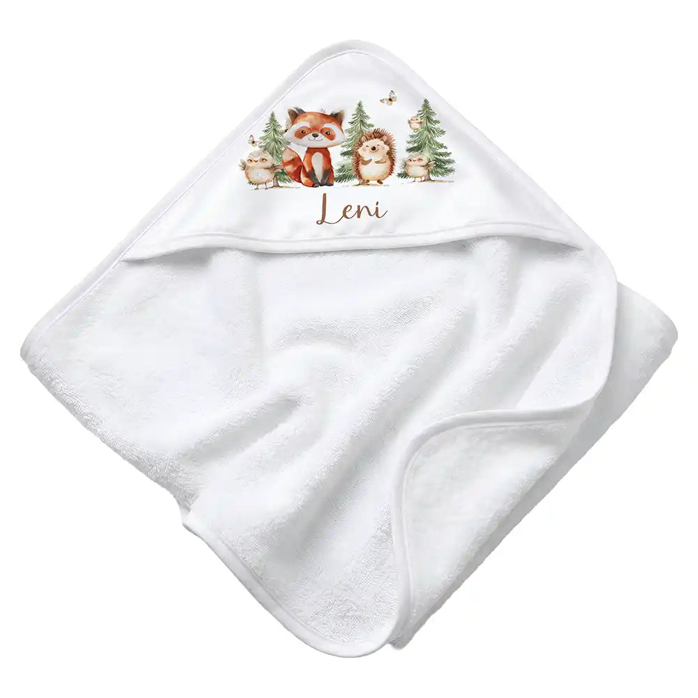Personalisiertes Kapuzenhandtuch Baby Waldfreunde Tannen â Rattan-Untergrund Produktdetail