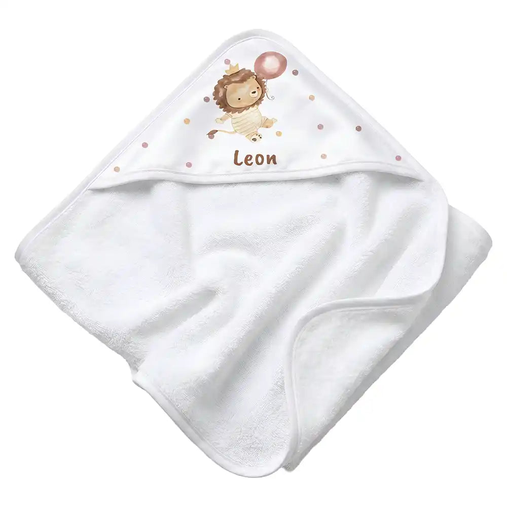 Personalisiertes Kapuzenhandtuch Baby Löwe Geburtstag â Rattan-Untergrund Produktdetail