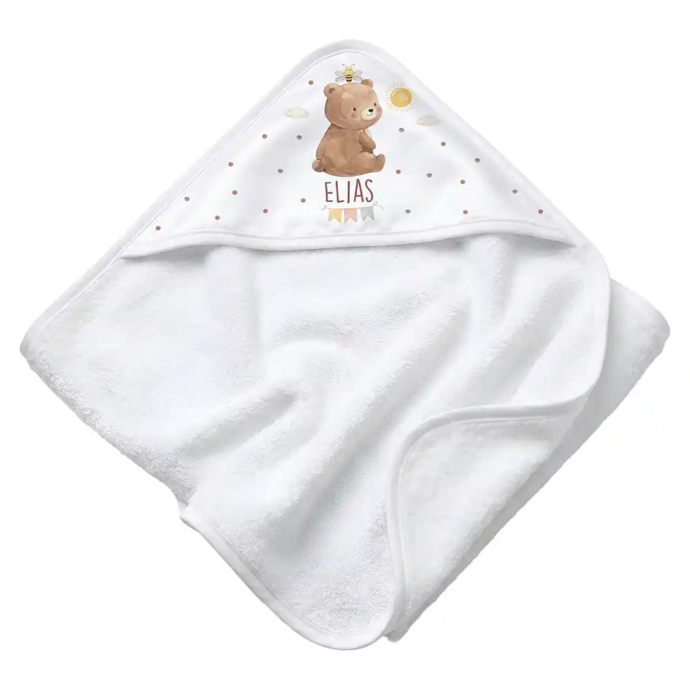 Personalisiertes Kapuzenhandtuch Baby BĂ€r Sonne â Rattan-Untergrund Produktdetail