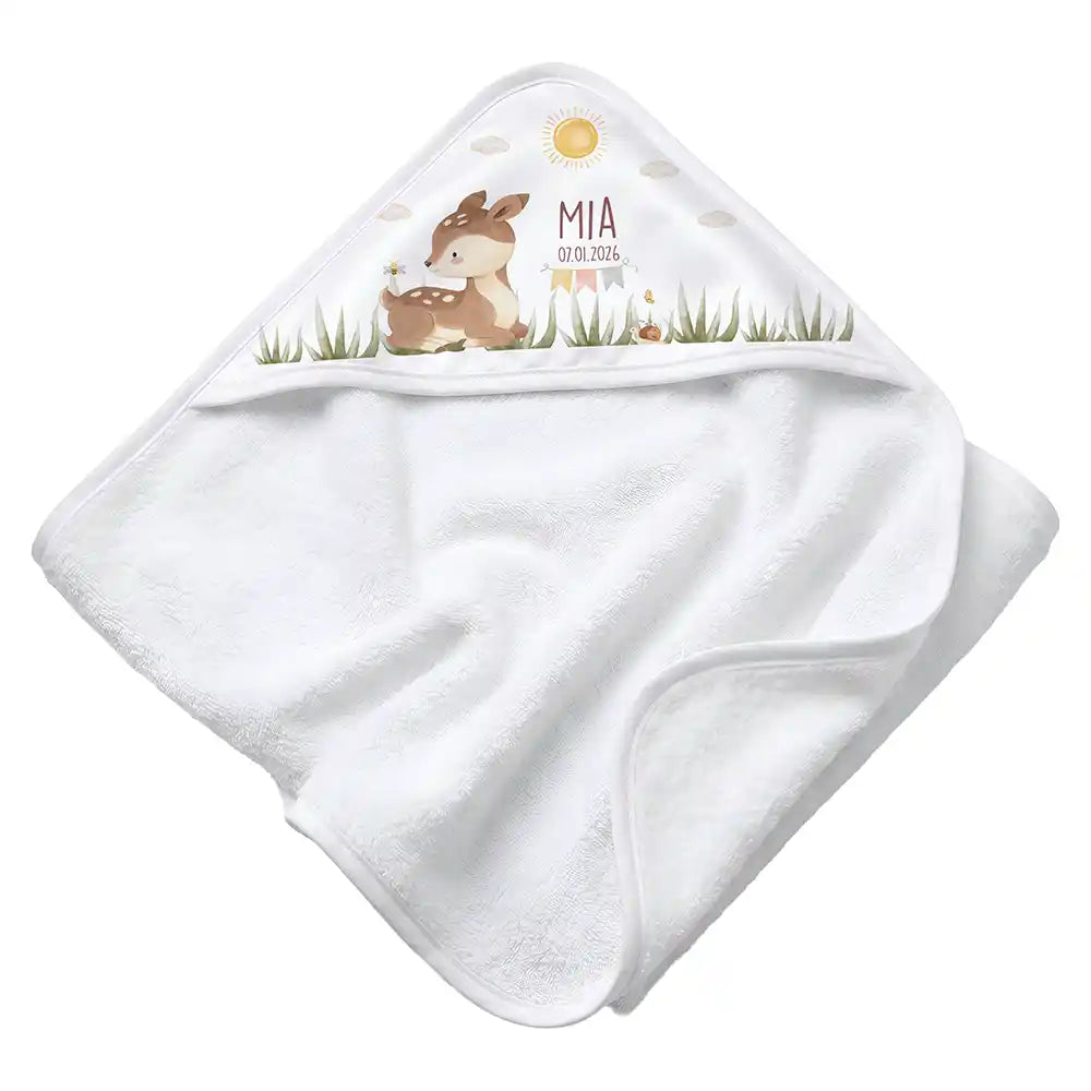 Personalisiertes Kapuzenhandtuch Baby Reh Geburtsdaten â Rattan-Untergrund Produktdetail