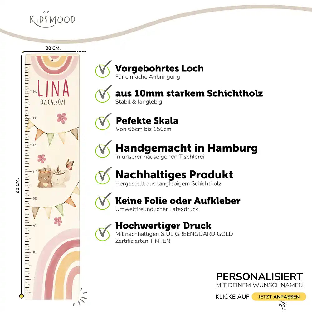 Messlatte Kinder Holz & Aluverbund - Regenbogen Bär