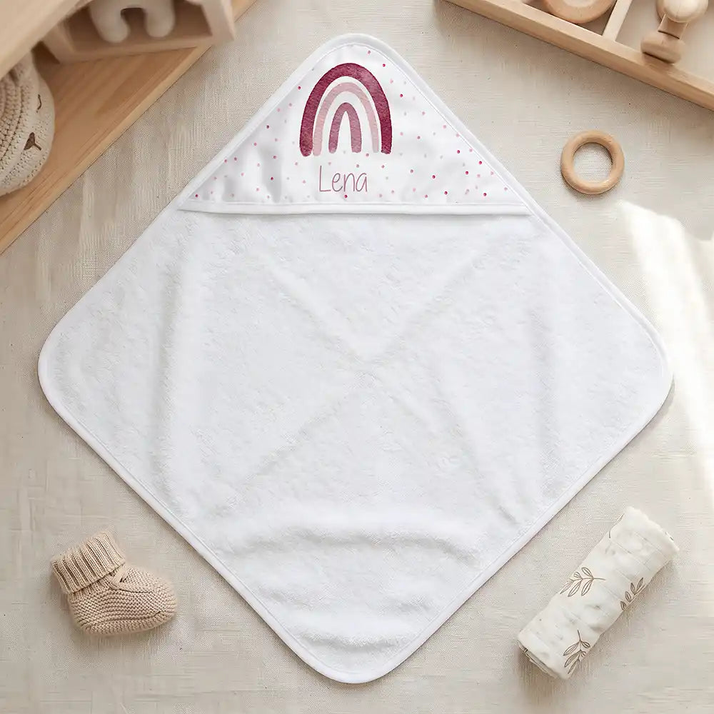 Personalisiertes Kapuzenhandtuch Baby Boho-Regenbogen â Freisteller 80Ă80 cm Topdown