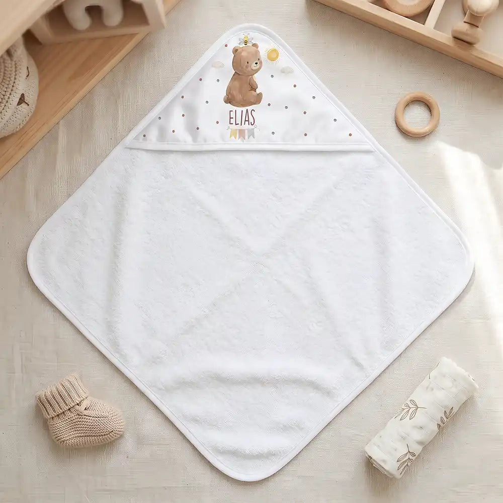 Personalisiertes Kapuzenhandtuch Baby BĂ€r Sonne â Freisteller 80Ă80 cm Topdown