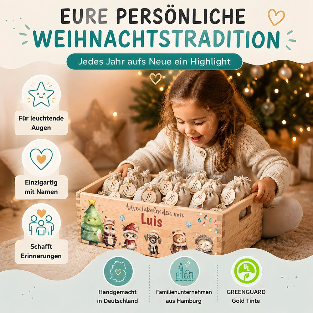 Personalisierter Adventskalender zum Befüllen - Tierfamilie im Winterwald