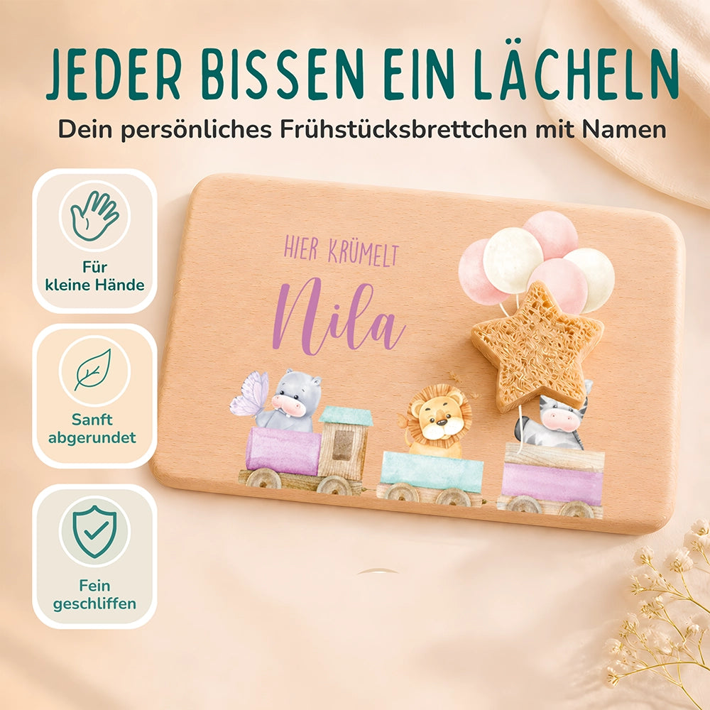 Frühstücksbrettchen Holz personalisiert - Tiere Eisenbahn