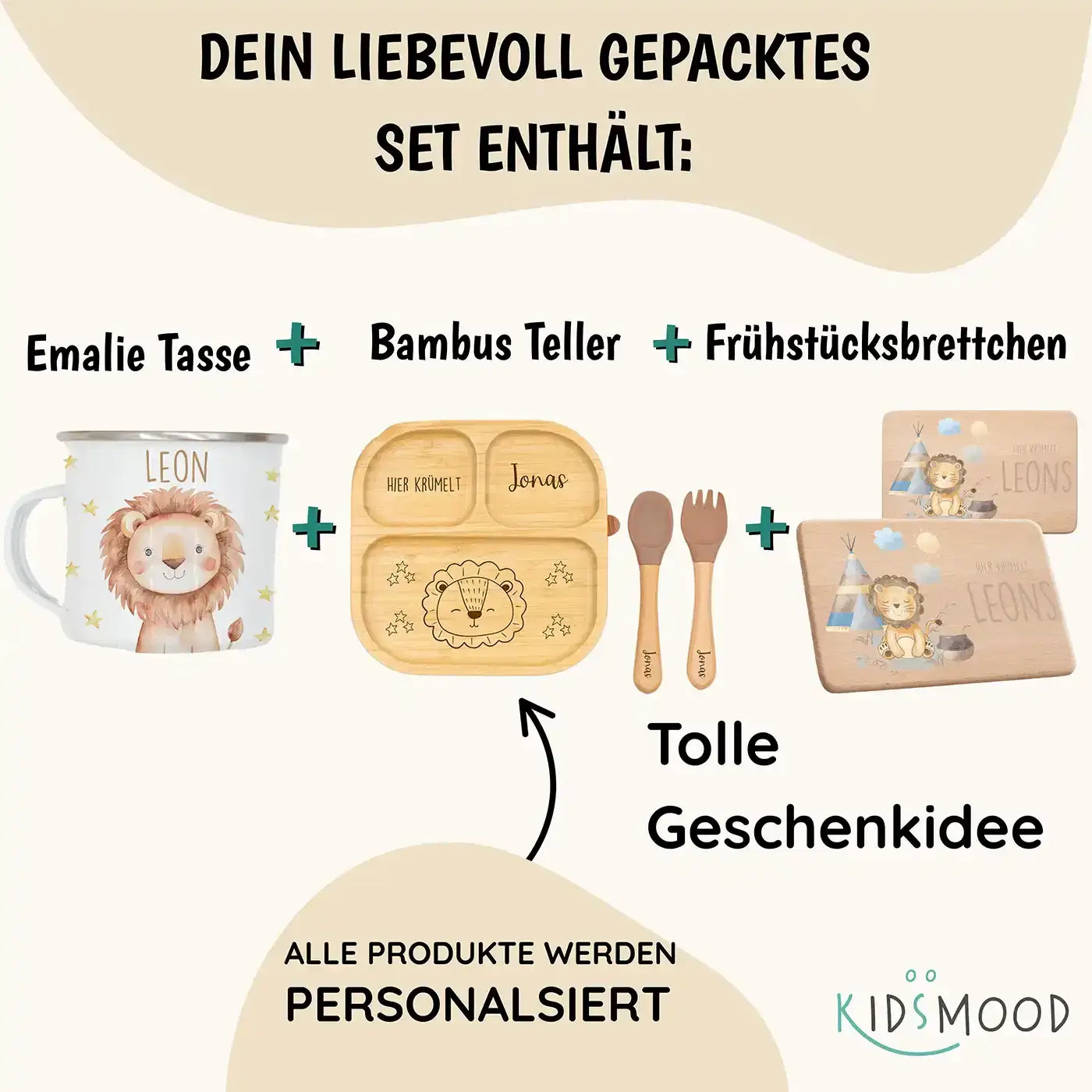 Frühstücks-Starter Set - Löwe: Tasse, Brettchen und Kinderteller