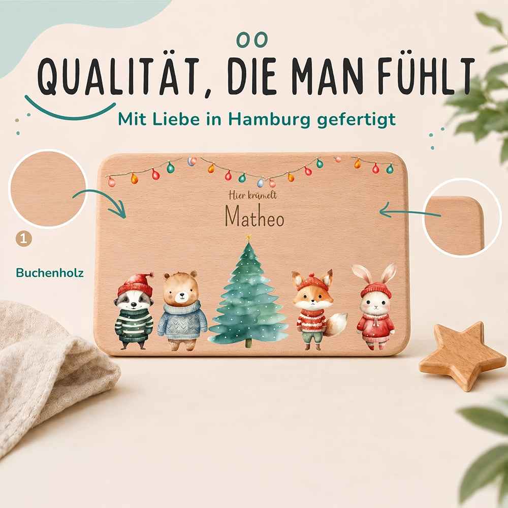 Frühstücksbrettchen Weihnachten mit Tieren und Lichterkette - Geschenk Weihnachten