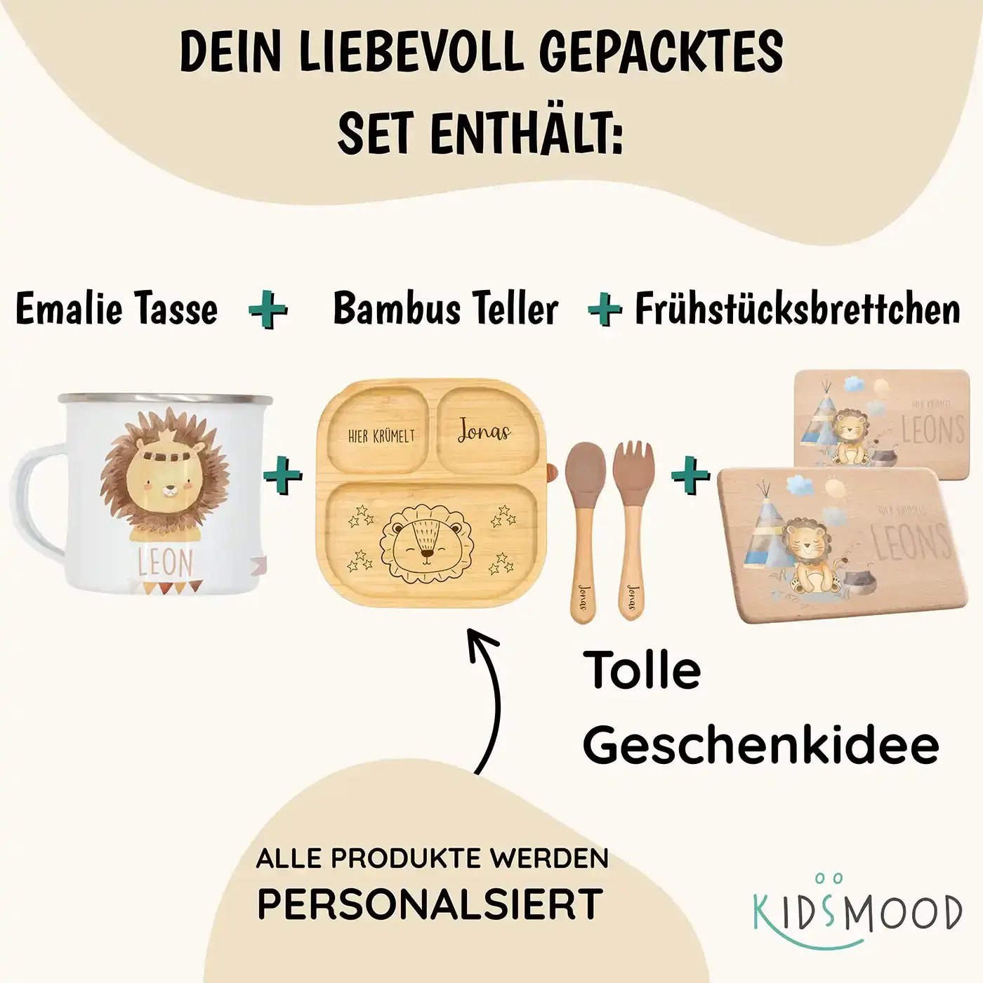 Frühstücks-Starter Set - Boho Löwe: Tasse, Brettchen und Kinderteller