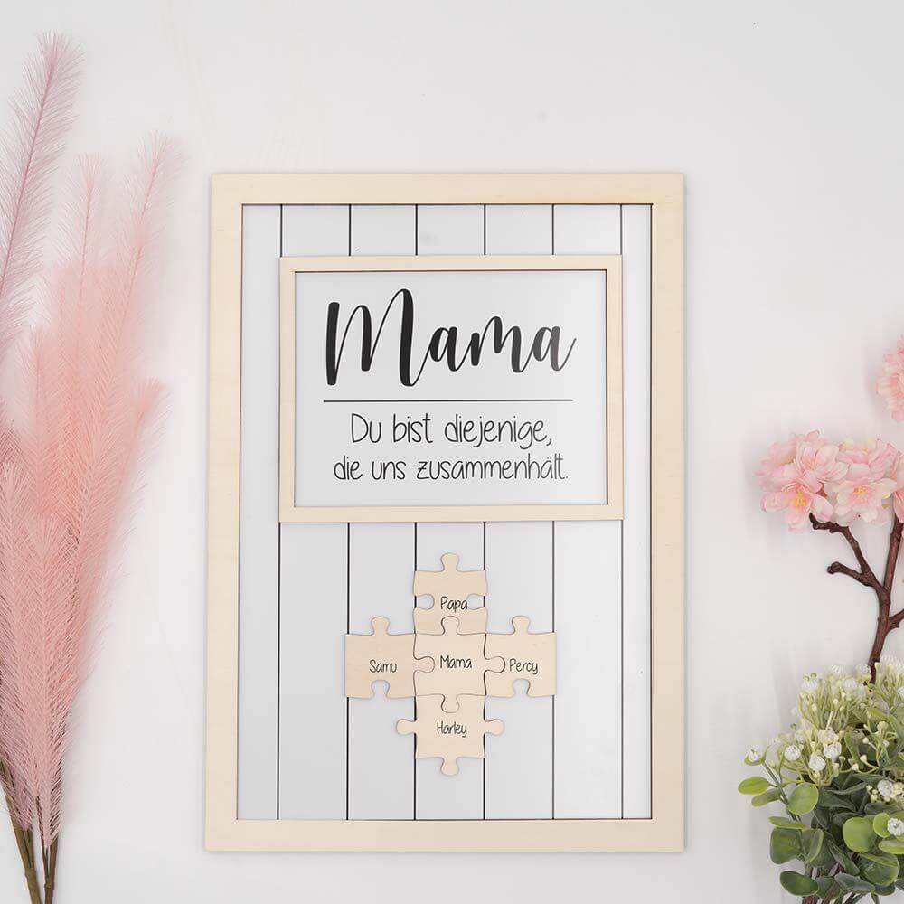 individuell gravierter bilderrahmen mit familienpuzzle