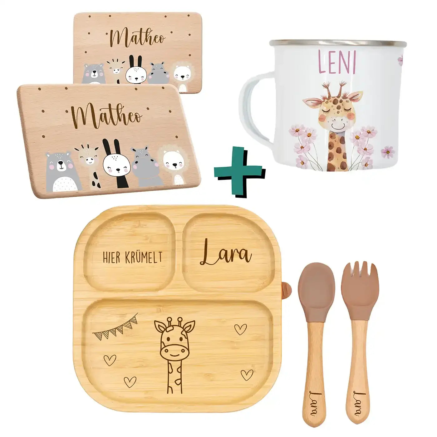 Frühstücks-Starter Set - Giraffe: Tasse, Brettchen und Kinderteller