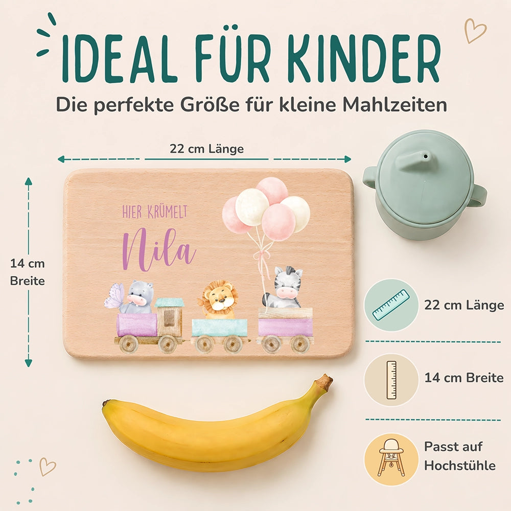 Frühstücksbrettchen Holz personalisiert - Tiere Eisenbahn