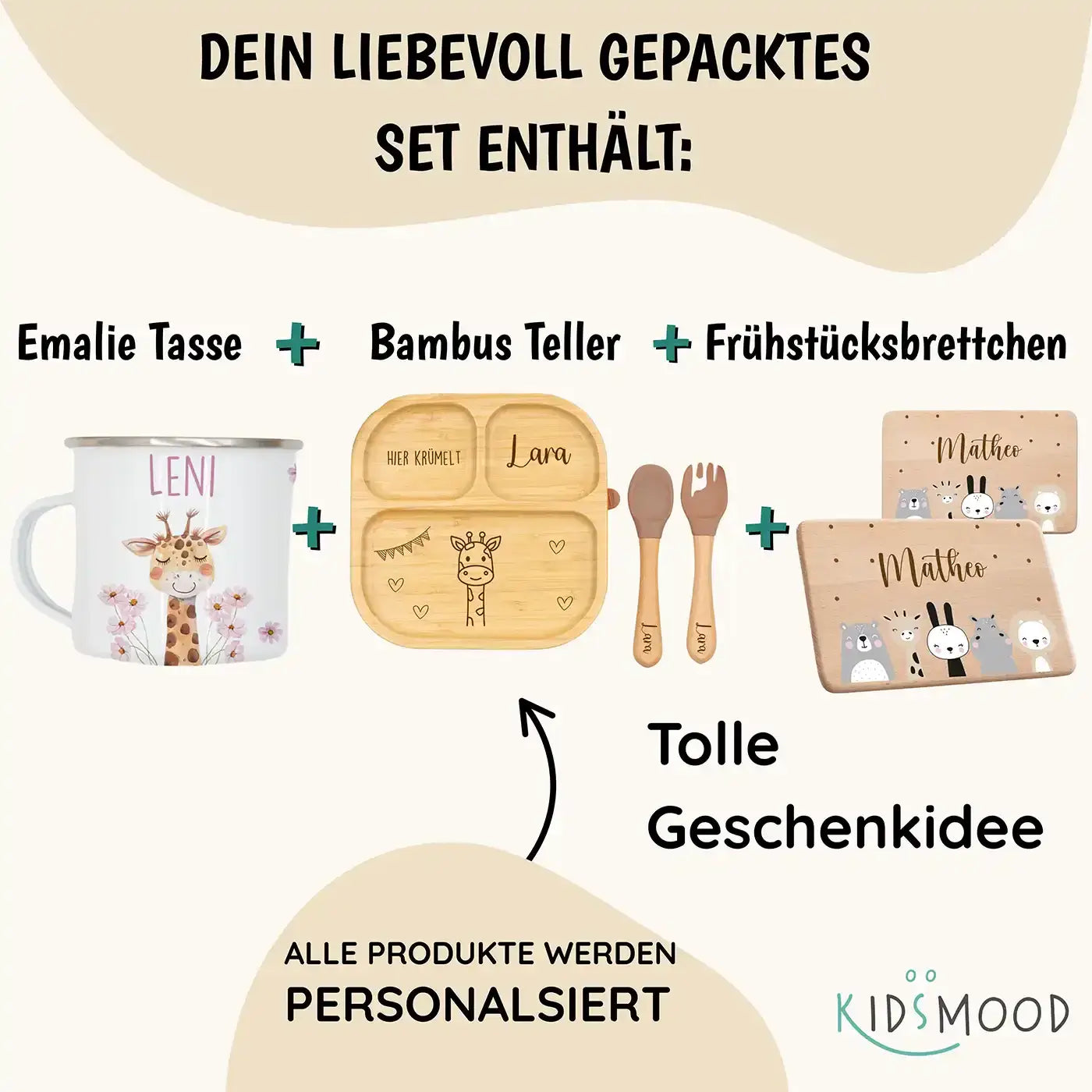 Frühstücks-Starter Set - Giraffe: Tasse, Brettchen und Kinderteller