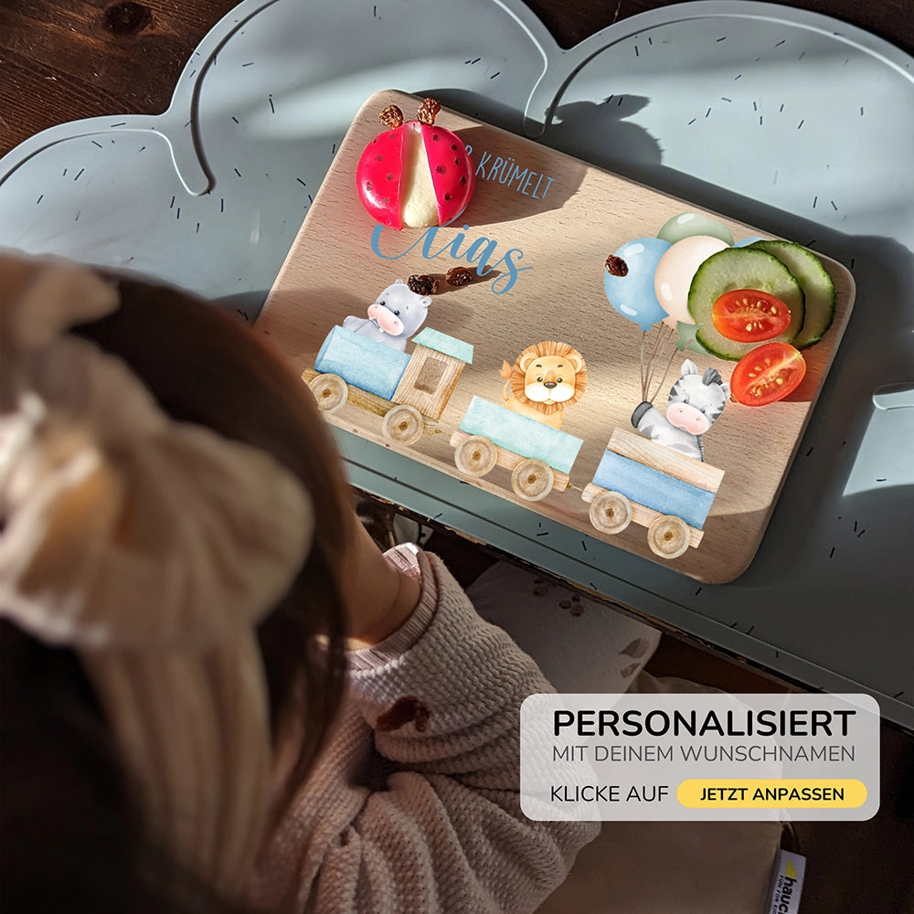Frühstücksbrettchen Holz personalisiert Tiere Eisenbahn