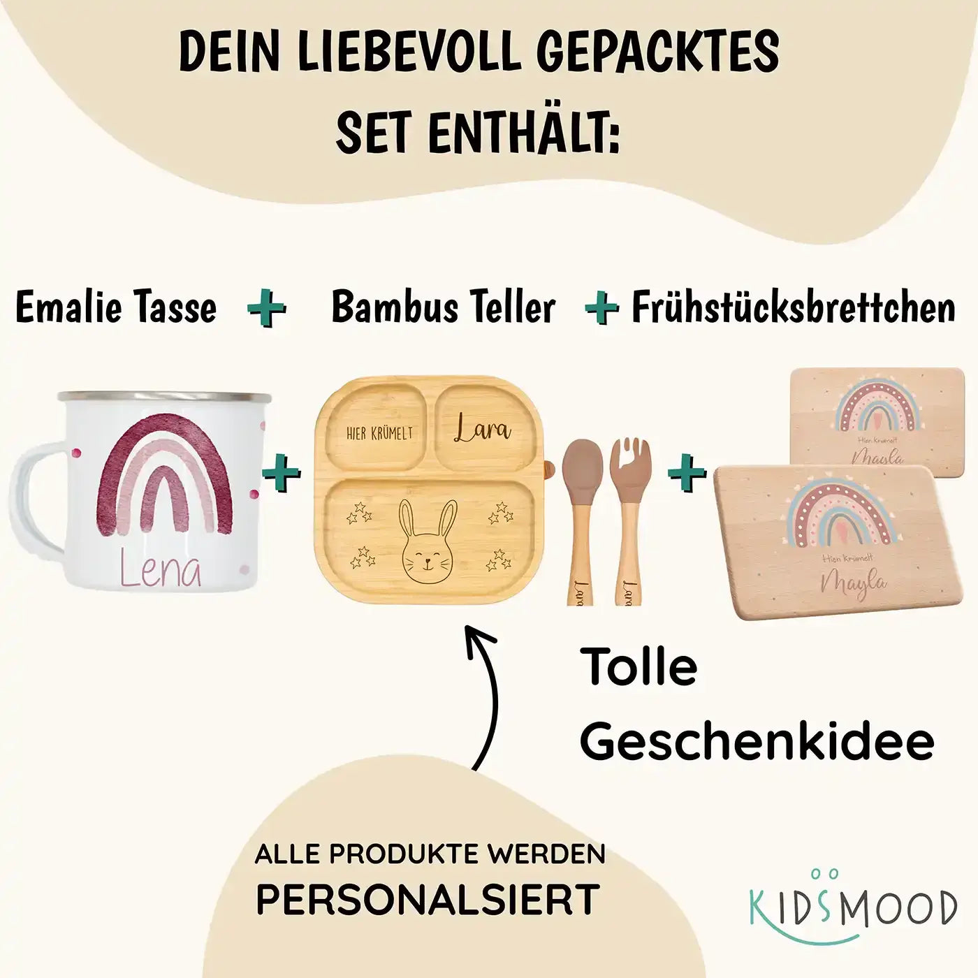 Frühstücks-Starter Set - Regenbogen: Tasse, Brettchen und Kinderteller