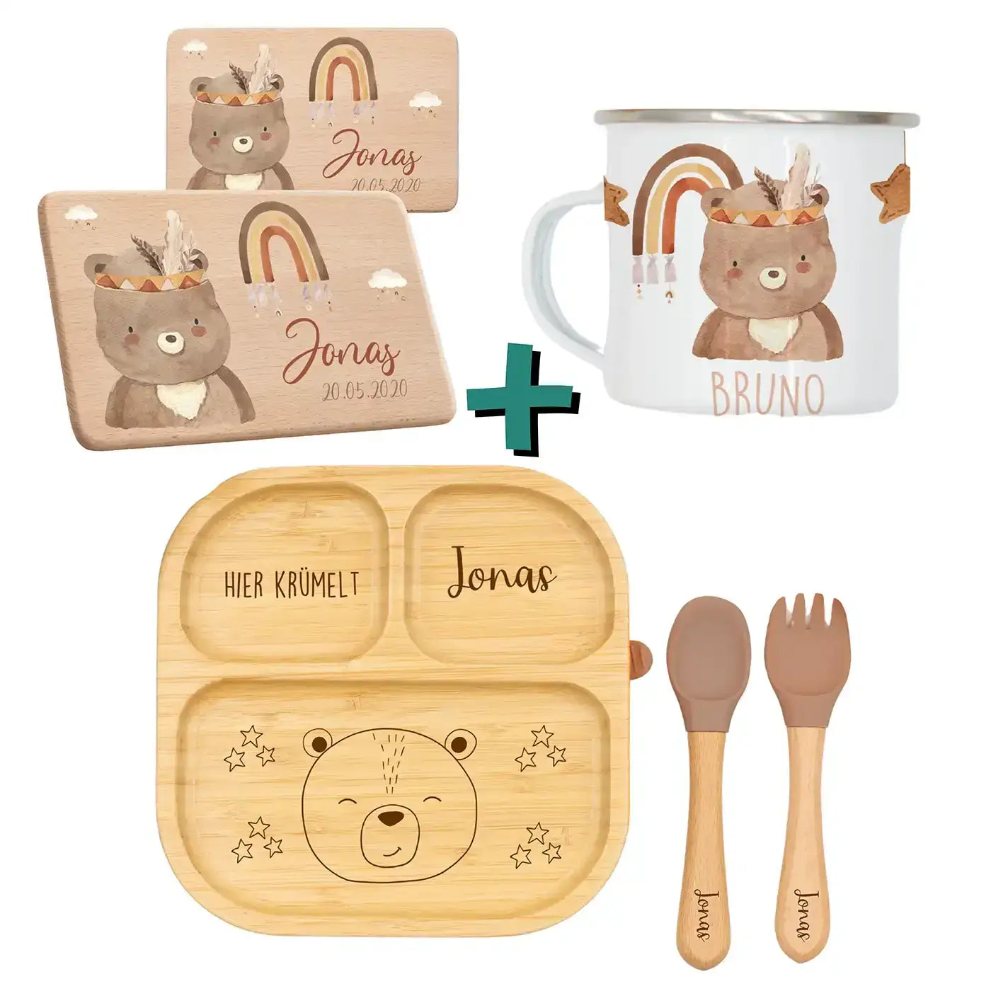 Frühstücks-Starter Set - Boho Bär: Tasse, Brettchen und Kinderteller