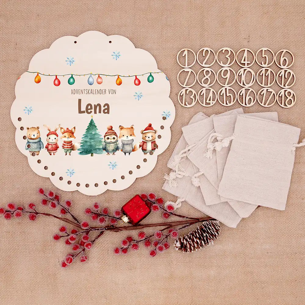 Personalisierter runder Adventskalender Kinder aus Holz - Niedliche Waldfreunde