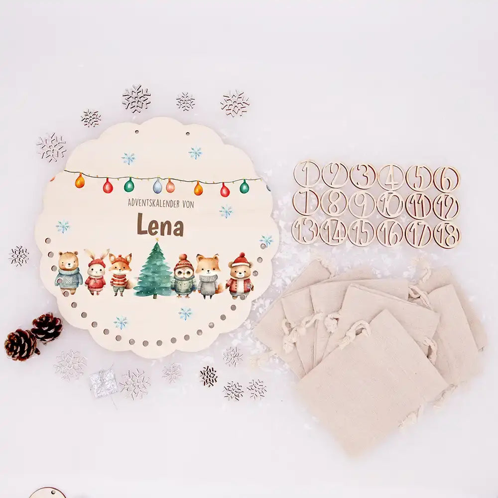 Personalisierter runder Adventskalender Kinder aus Holz  - Niedliche Waldfreunde