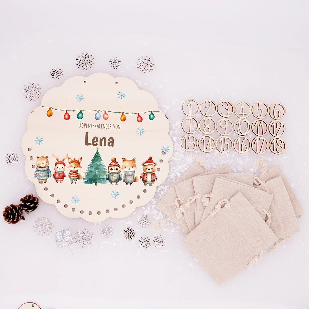 Personalisierter runder Adventskalender Kinder aus Holz - Niedliche Waldfreunde