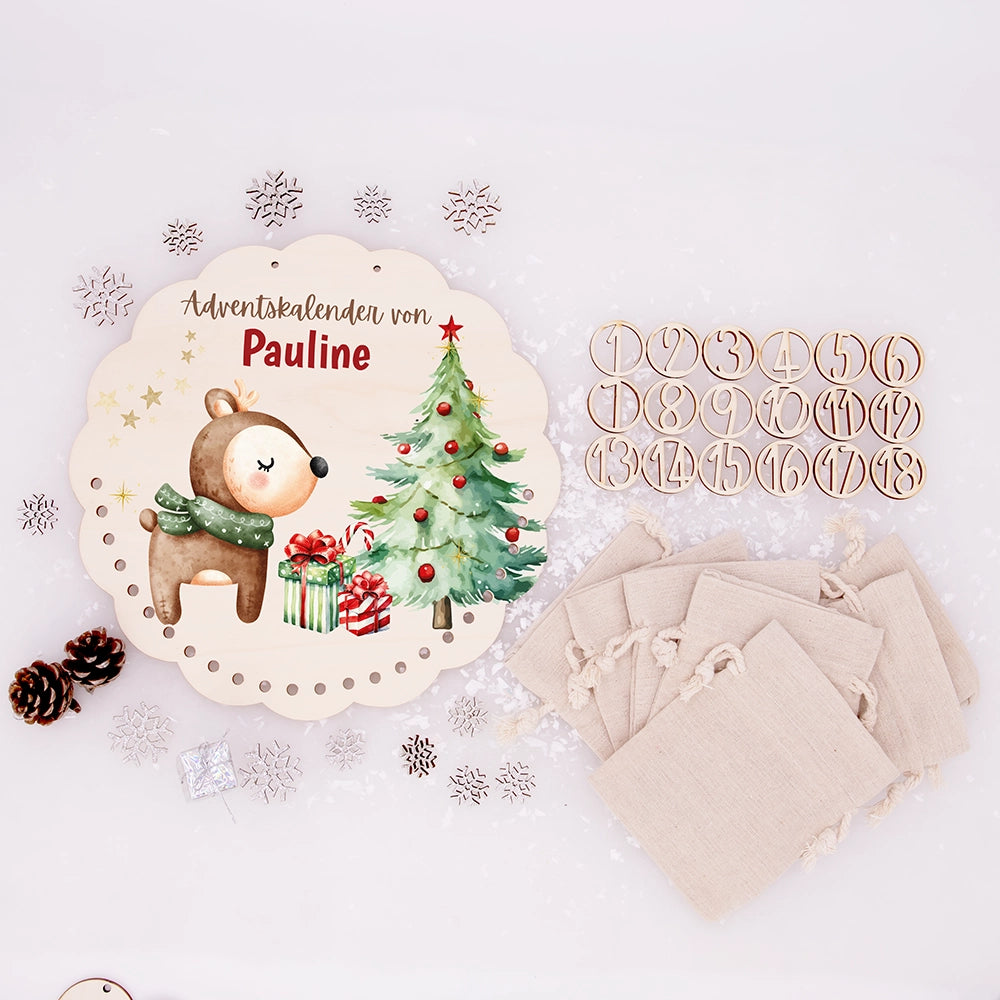 Personalisierter runder Adventskalender Kinder aus Holz - Baby Reh
