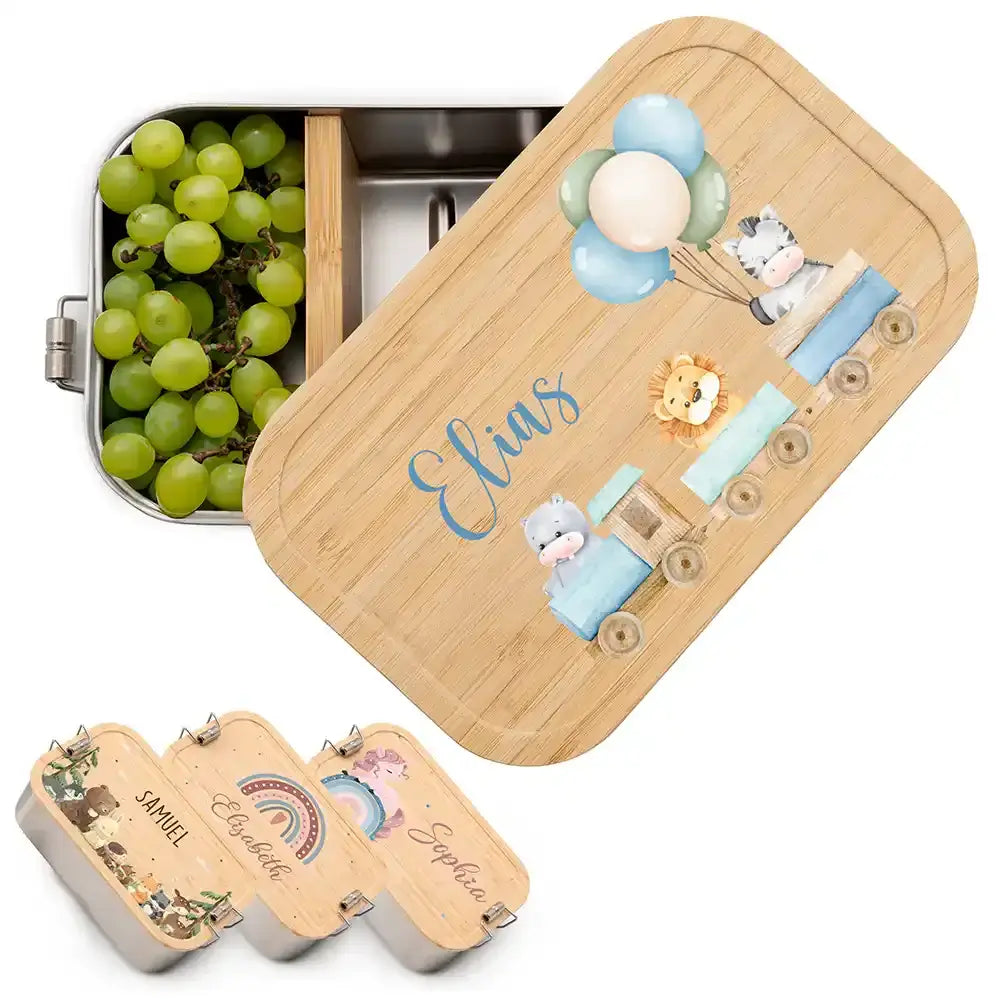 personalisierte lunchbox mit tiere eisenbahn design