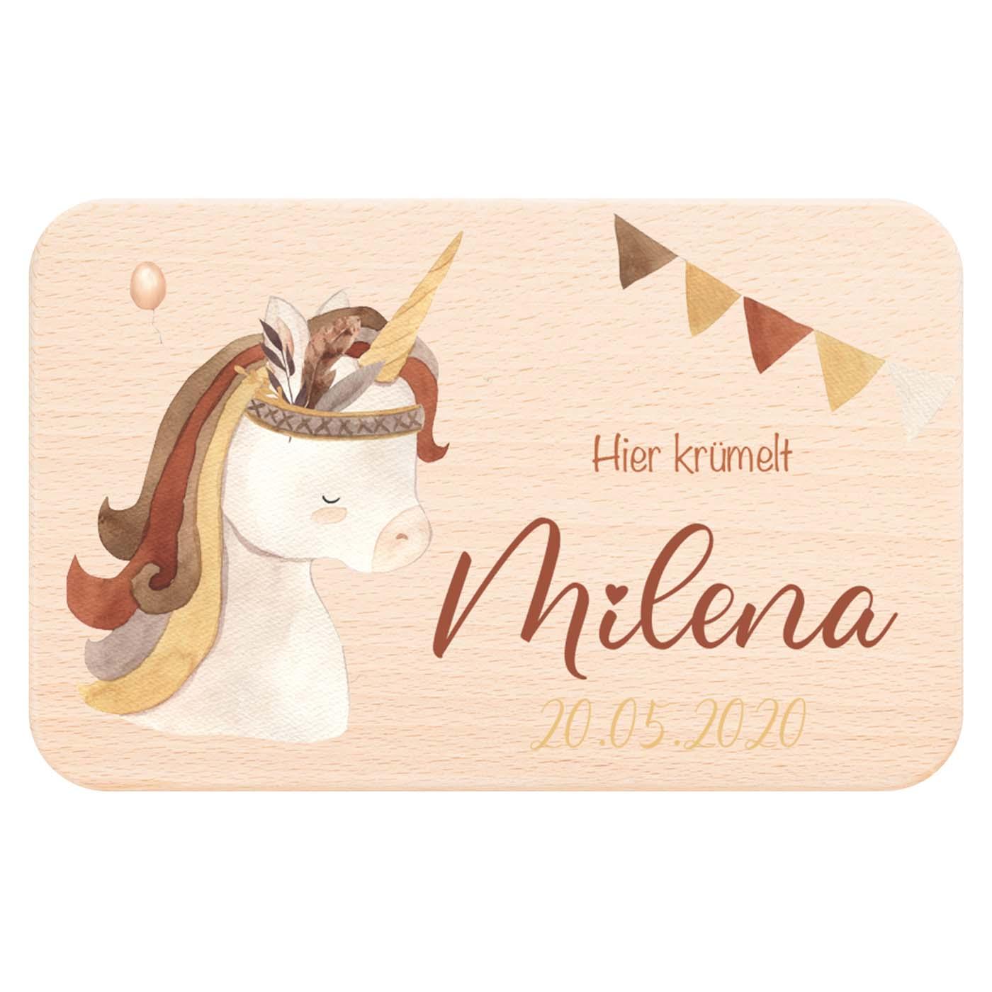 frühstücksbrettchen mit einhorn boho und namensgravur