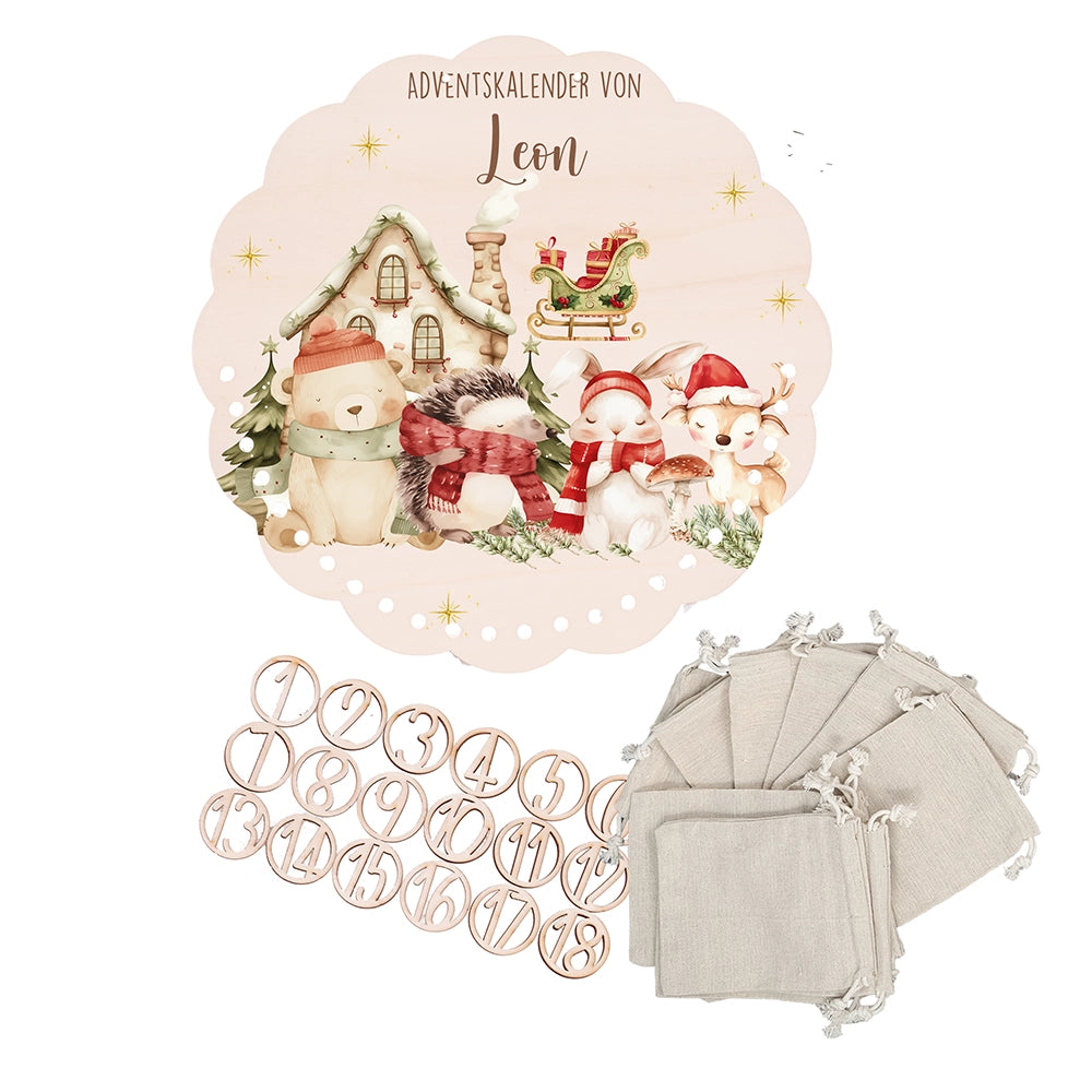 Personalisierter runder Adventskalender Kinder aus Holz - Waldtiere im Winterzauber