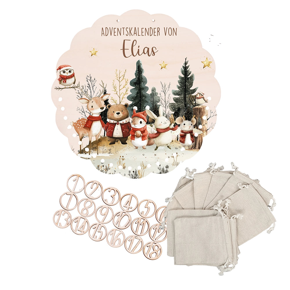 Personalisierter runder Adventskalender Kinder aus Holz - Weihnachtsdorf