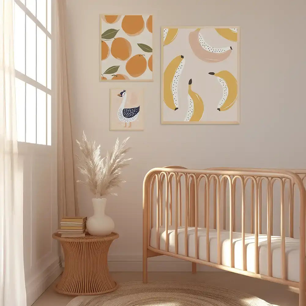 Poster 3er-Set - Orangen, Schwan & Bananen fürs Kinderzimmer