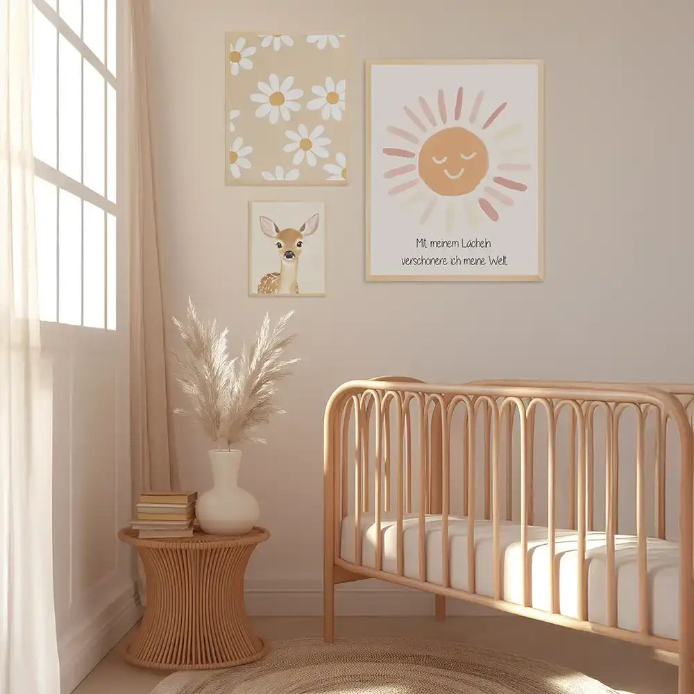 Poster 3er-Set - Gänseblümchen, Reh & Sonnenschein fürs Kinderzimmer