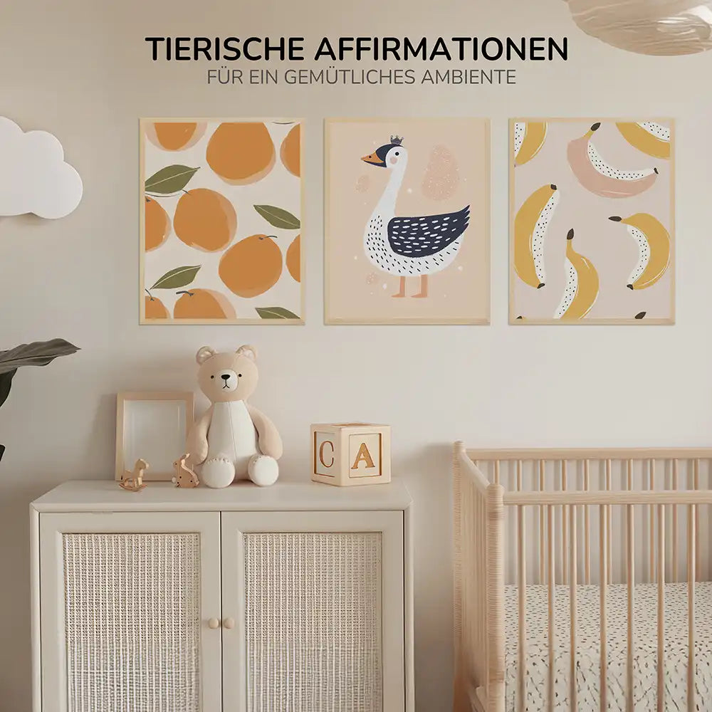 Poster 3er-Set - Orangen, Schwan & Bananen fürs Kinderzimmer