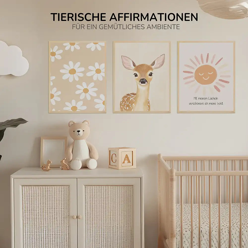 Poster 3er-Set - Gänseblümchen, Reh & Sonnenschein fürs Kinderzimmer