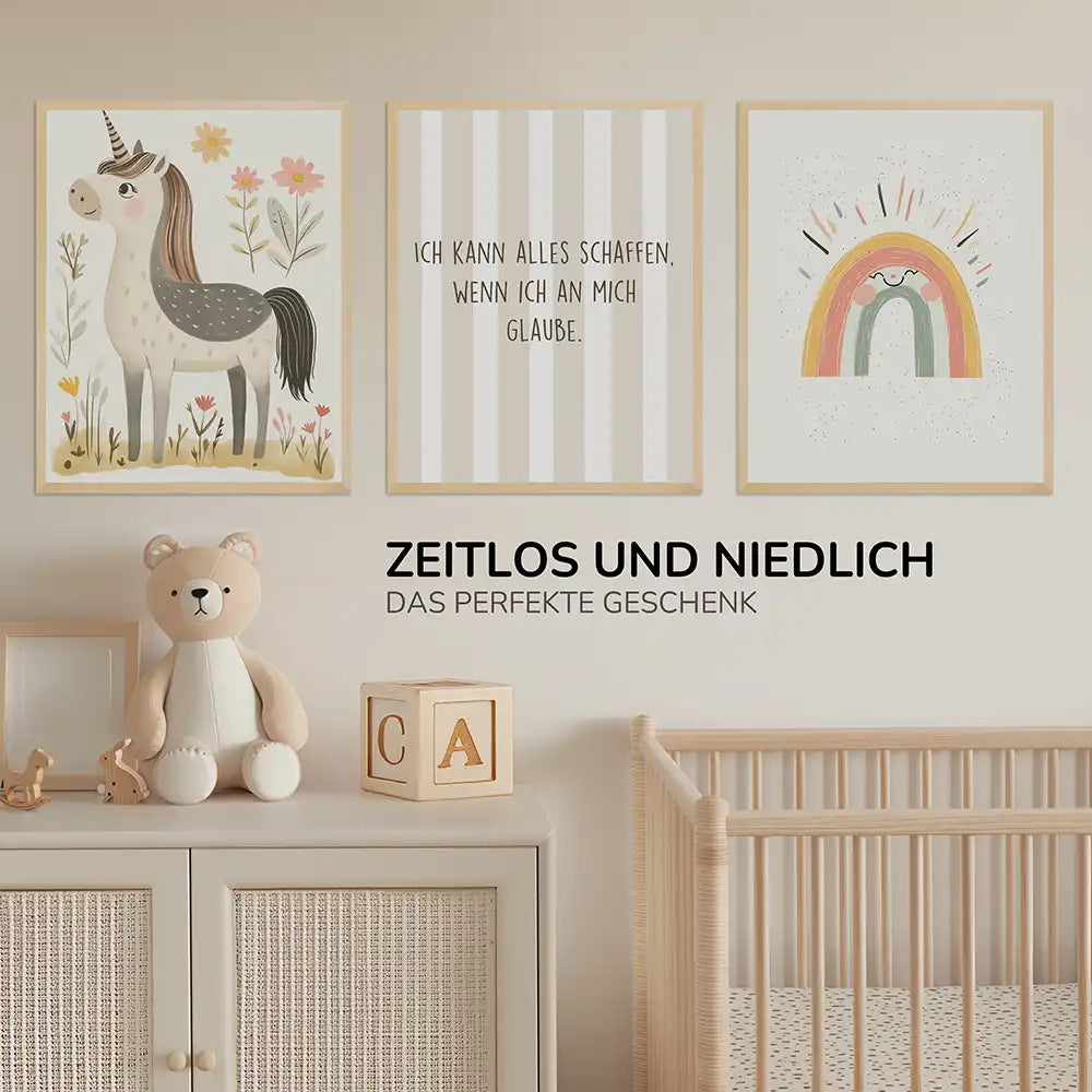 Poster 3er-Set - Einhorn, Regenbogen & Motivation fürs Kinderzimmer
