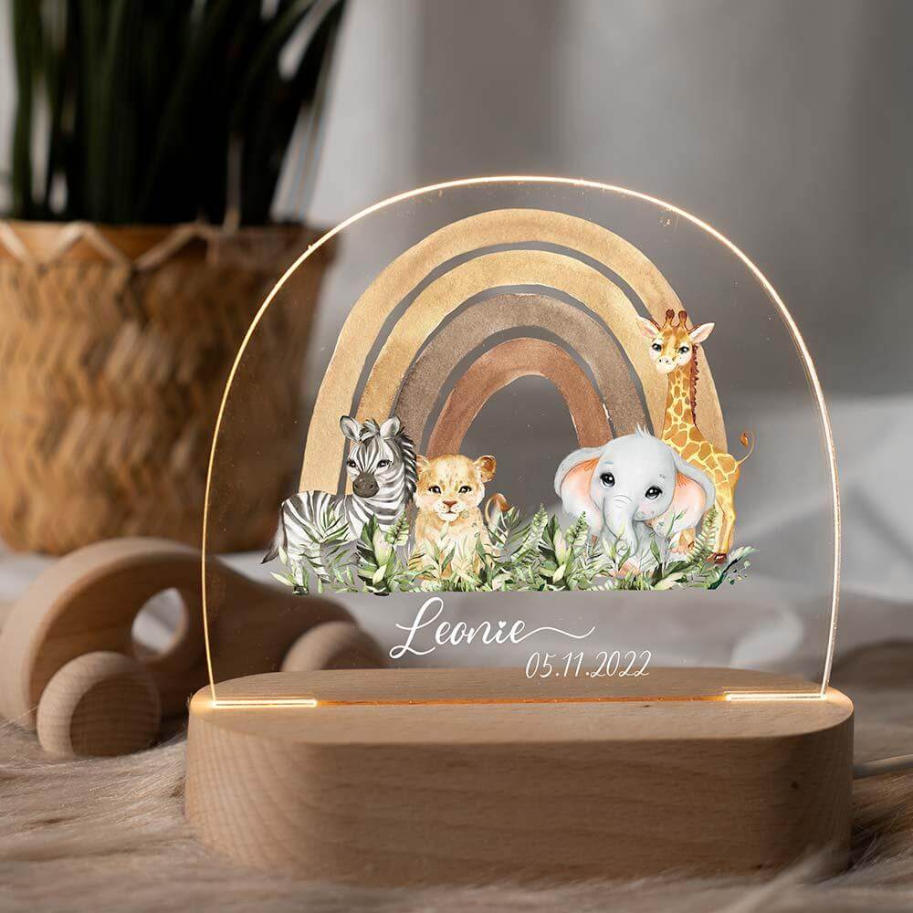 personalized night lamp with baby animals and rainbow design