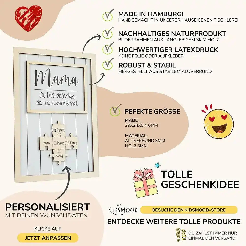 detailansicht der gravur auf dem familienpuzzle-bilderrahmen