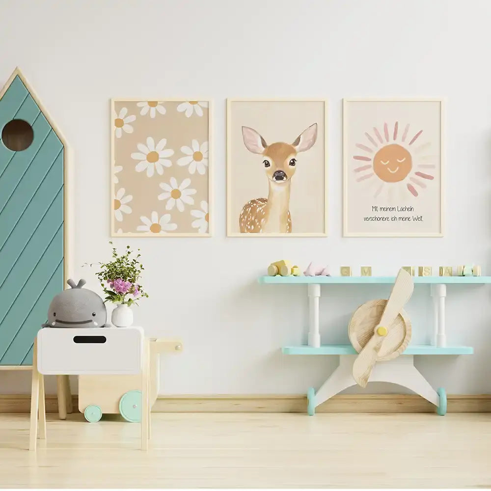 Poster 3er-Set - Gänseblümchen, Reh & Sonnenschein fürs Kinderzimmer