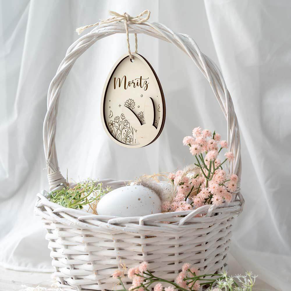 close-up of wooden Easter decoration with personalized nam